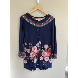 Anthropologie Sz M Sparrow Cardigan Sweater Navy Floral Button Cottage Core